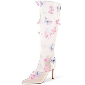 ⚡Women's White Knee High Boots Butterfly Pointed Toe Stiletto High Heels Mesh